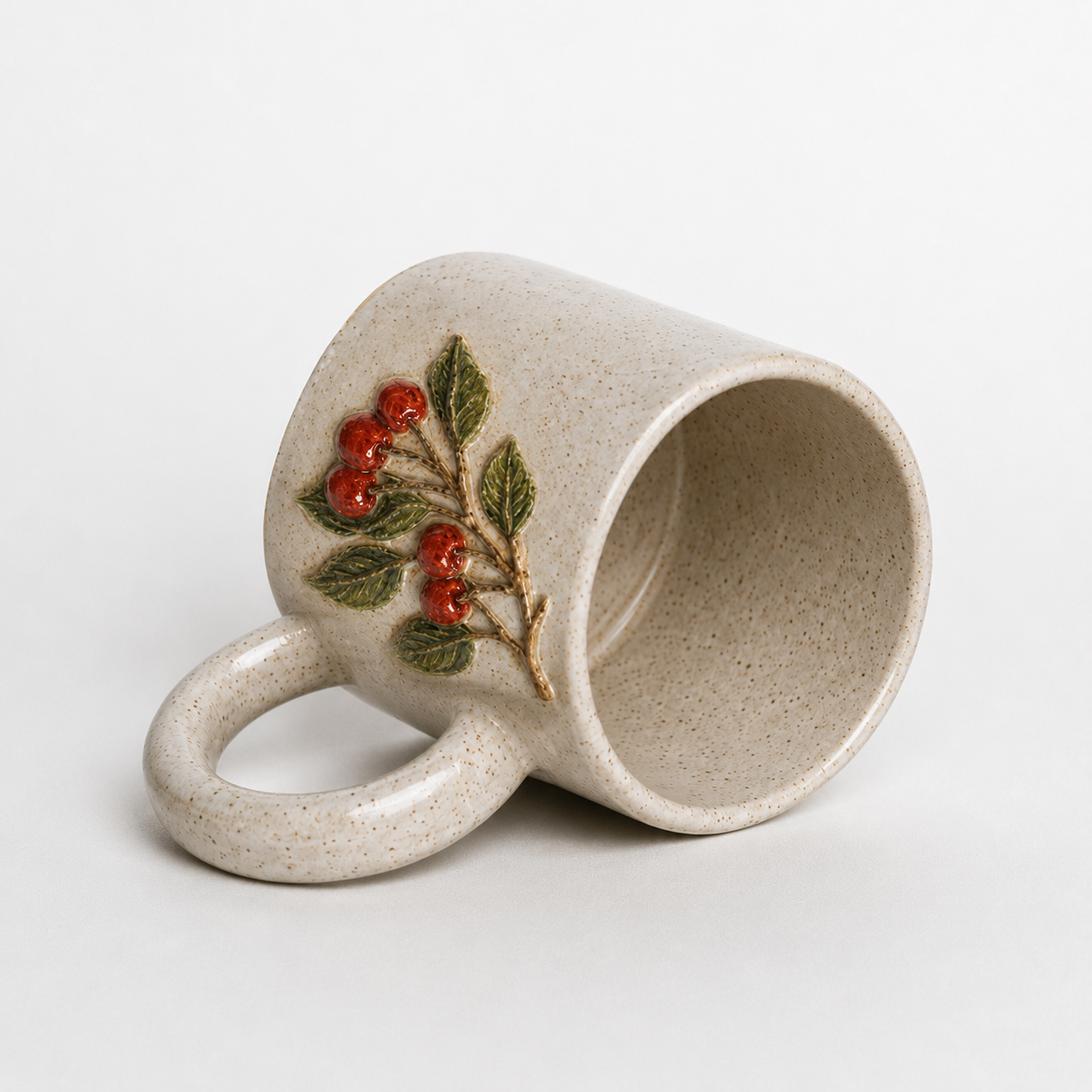 Cherry Relief White Stoneware Mug